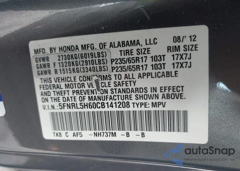 2012 Honda Odyssey Ex-L from USA, damaged, VIN 5FNRL5H60CB141208